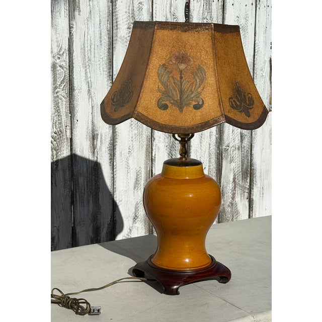 English 1940s Eggyolk Chinese &Terracotta Color Lamp With Custom Floral With Hand Painted Parchment Shade For Sale - Image 3 of 18