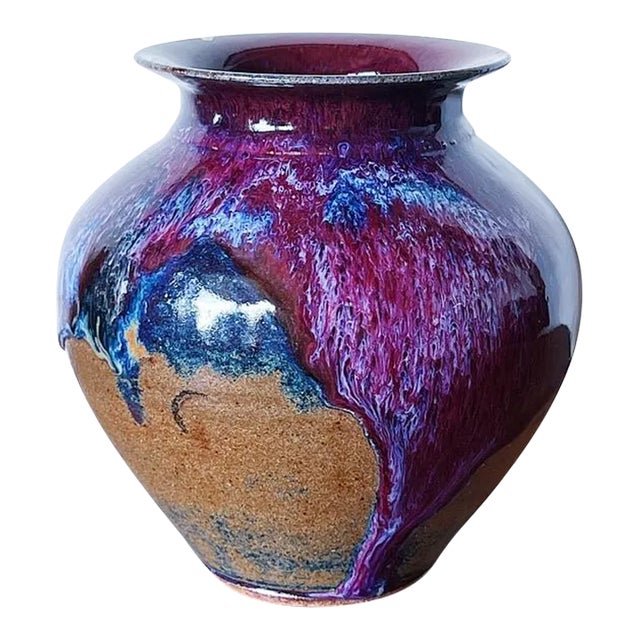 Vintage California Studio Pottery Vase in Purple Drip Glaze Over Burn Sienna For Sale
