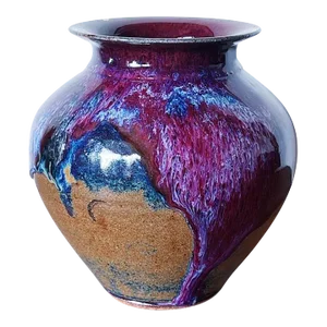 Vintage California Studio Pottery Vase in Purple Drip Glaze Over Burn Sienna