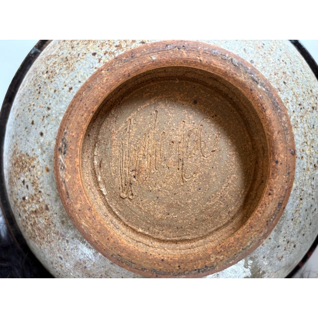 1970s Blue & Brown Large Studio Art Ceramic Bowl, 12”, Signed For Sale In Baltimore - Image 6 of 7