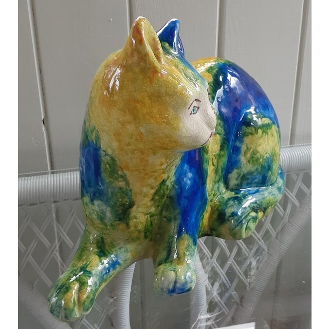 Mid-Century Modern Mid-Century Italian Majolica Cat Sculpture in Blue & Green Glaze For Sale - Image 3 of 8