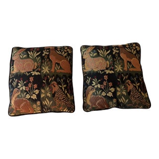 1990s Woodland Animal Tapestry Needlepoint Throw Pillows with Rabbit, Dog, Otter & Bird- Set of 2 For Sale