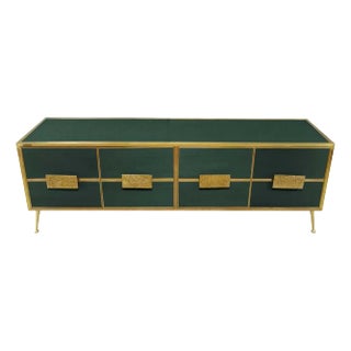 Italian Dark Green Buffet Sideboard With "Grisinato" Glass and Brass Designer Justfurnituress For Sale