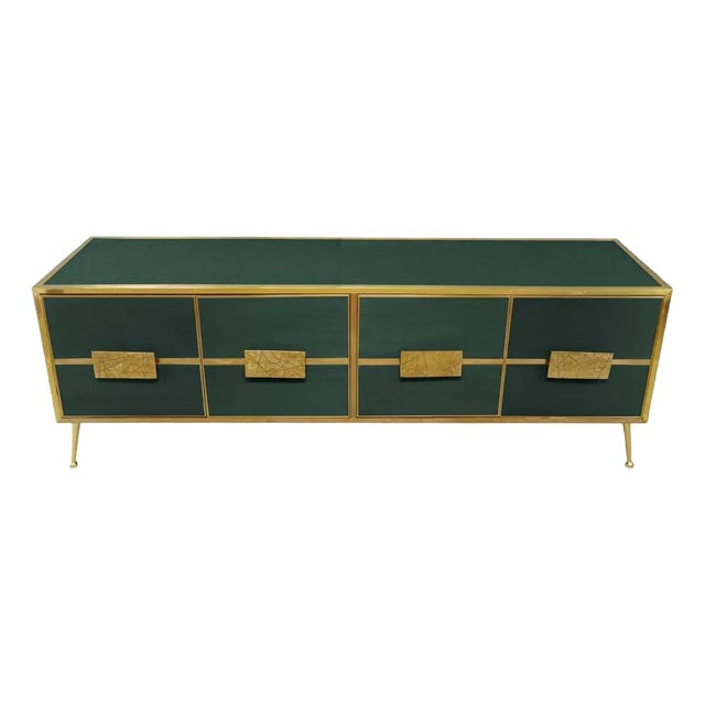 Italian Dark Green Buffet Sideboard With "Grisinato" Glass and Brass Designer Justfurnituress For Sale