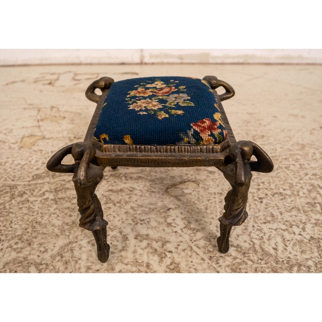 Art Nouveau Art Nouveau Needlepoint Metal Base Stool For Sale - Image 3 of 9