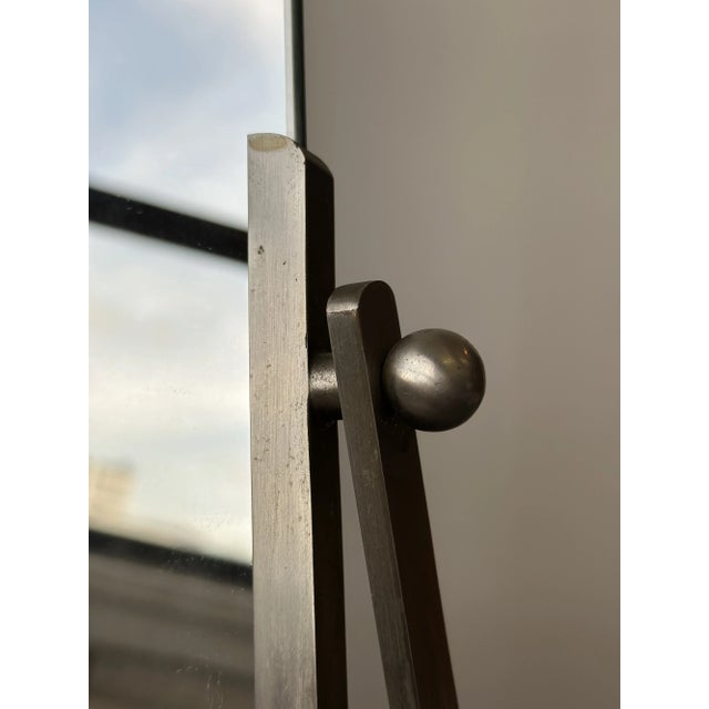 Vintage Modernist Vanity Mirror With Angular Brushed Steel Frame and Trumpeted Base, Circa 1950s-60s For Sale - Image 10 of 13