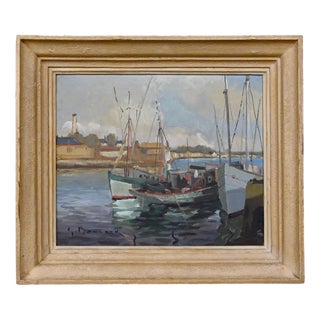 Boulard, Tuna Boats at Quayside, Oil on Panel, Mid-20th Century For Sale