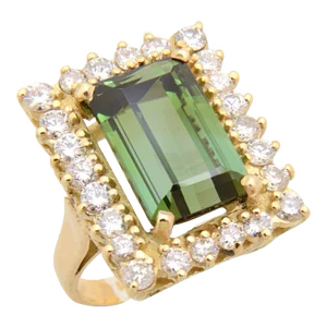 Green Tourmaline Diamond Gold Cocktail Ring size 6.5