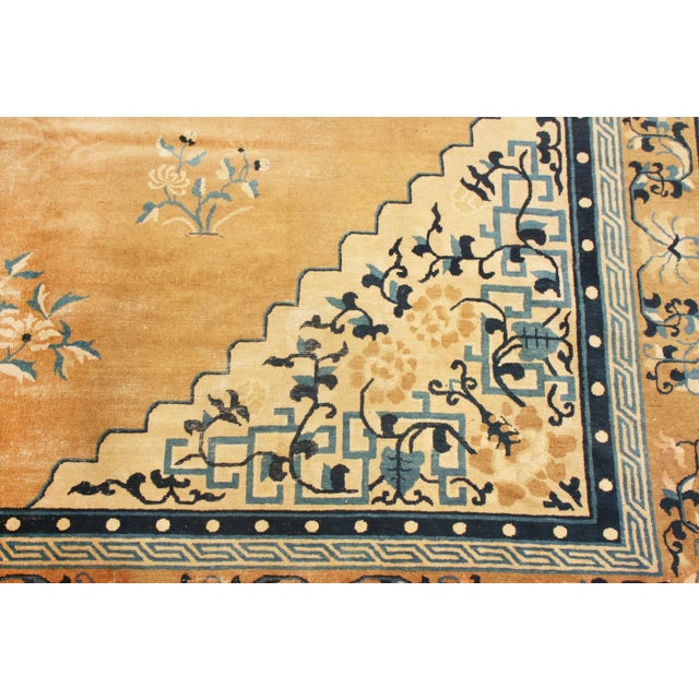 1910s Antique Peking Traditional Gold and Blue Wool Rug - 9′ × 12′8″ For Sale - Image 5 of 6