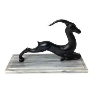 1920s Art Deco Metal Leaping Gazelle Figurine With Marble Base