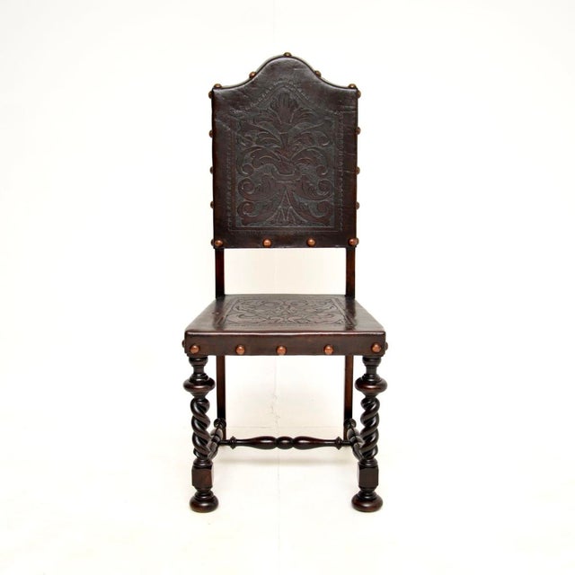 Antique Portuguese Embossed Leather and Walnut Dining Chairs, 1880, Set of 6 For Sale - Image 6 of 11