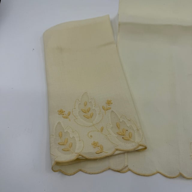 Pair Vintage Embroidered Pale Yellow Madeira Linen & Organza Fingertip Towels For Sale - Image 10 of 15