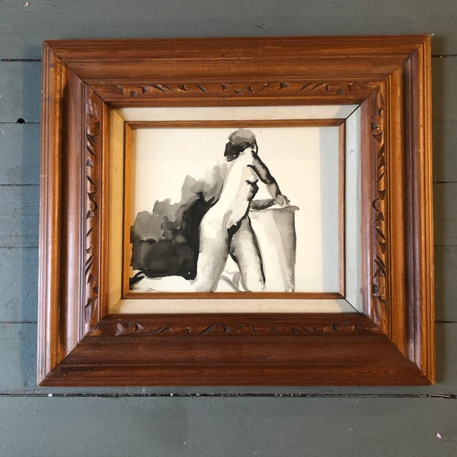 Original Vintage Female Nude Watercolor Study Painting 1950’s Carved Wood Frame For Sale In Philadelphia - Image 6 of 6