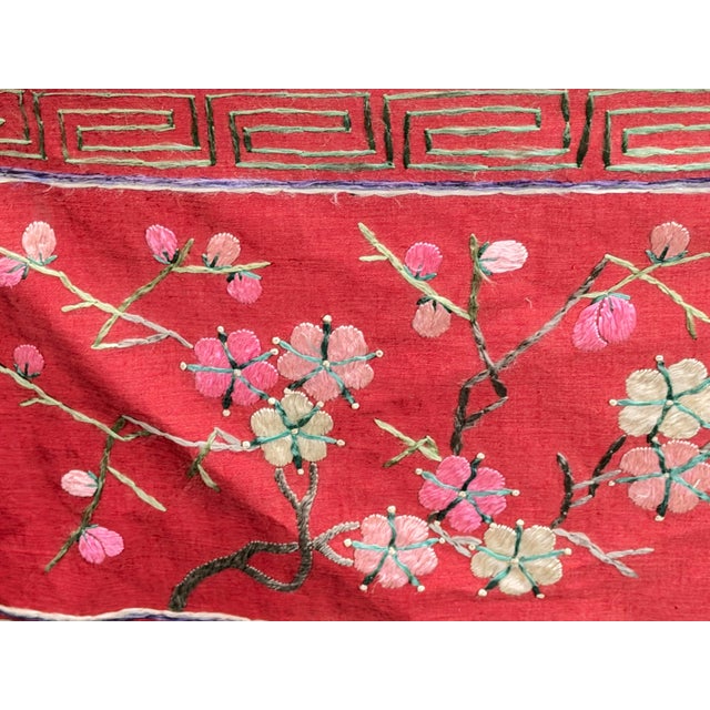 Vintage Chinese Long Red Pink Flower Embroidery Fabric Art For Sale - Image 9 of 17