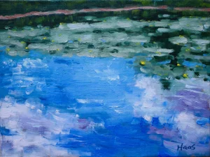Lily Pond With Clouds, Contemporary Impressionist Oil Painting