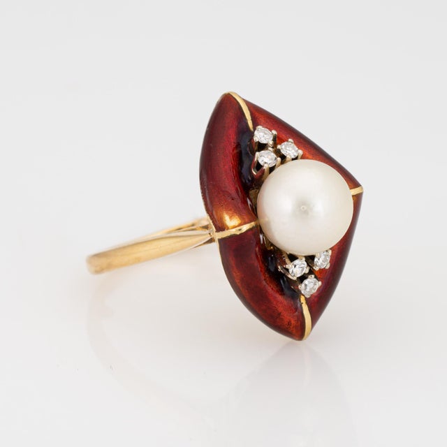 Modern Vintage Abstract Ring Diamond Red Enamel Cultured Pearl Sz 6 Cocktail Jewelry For Sale - Image 3 of 7