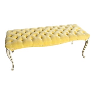 French Provincial Tufted Yellow Bench on Wooden Legs For Sale