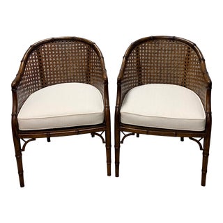 Vintage Mid 20th Century Hollywood Regency Hekman Barrel Faux Bamboo Cane Club Arm Chairs - a Pair For Sale