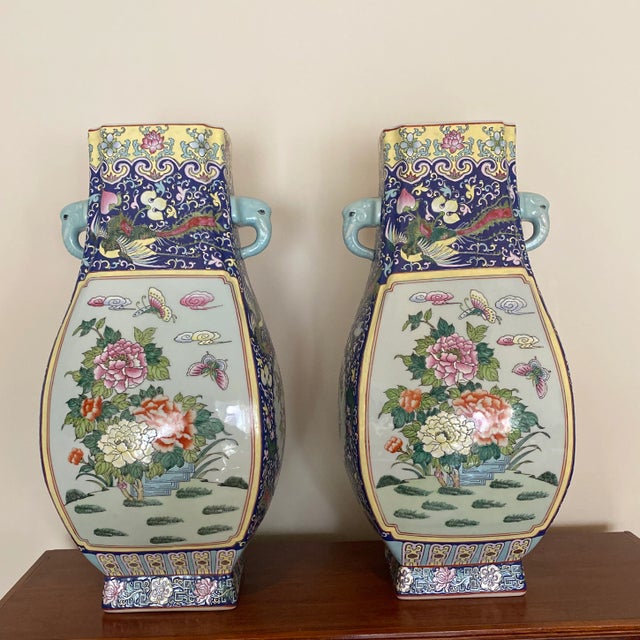 Boho Chic Vintage Oversized Hand Painted Asian Jars ~ a Pair For Sale - Image 3 of 12