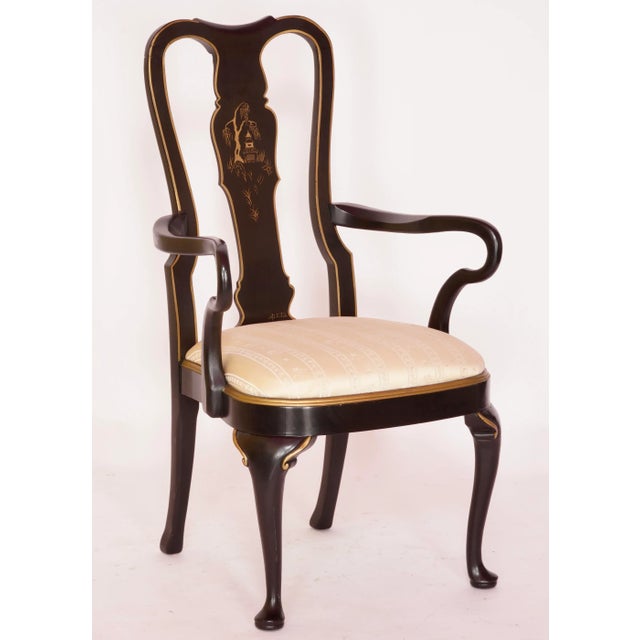 1980s Chinoiserie Black Lacquer Dining Chairs in the Style of Drexel- Set of 6 For Sale - Image 12 of 13