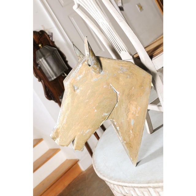 Cream French 1890s Gilded Zinc Horse Head Sculpture with Angular Traits and Patina For Sale - Image 8 of 12
