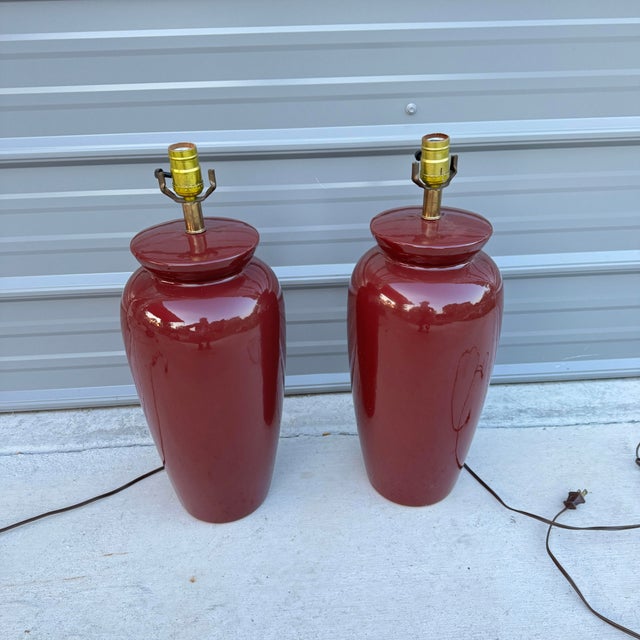 1970s Substantial Ceramic Maroon Urn Shaped Table Lamps - a Pair For Sale In Columbia, SC - Image 6 of 6