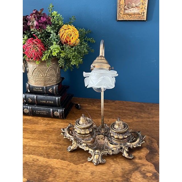 Antique Brass Desk Lamp With Frosted Glass For Sale - Image 4 of 18