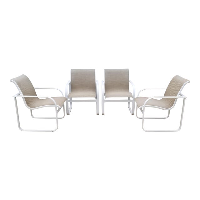 1980's Brown Jordan Quantum Arm Dining Chairs W/ Beige Mesh Set of 4