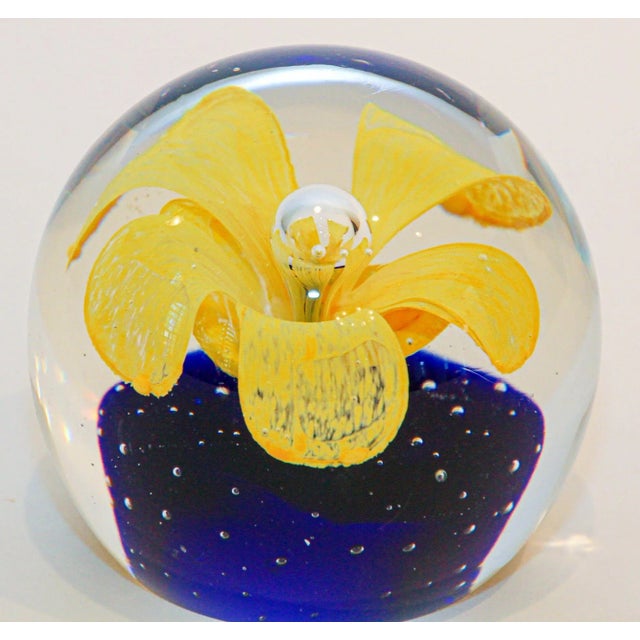 Glass Murano Hand Blown Paperweight Yellow Flower With Blue Base Collectible Art Glass For Sale - Image 7 of 13