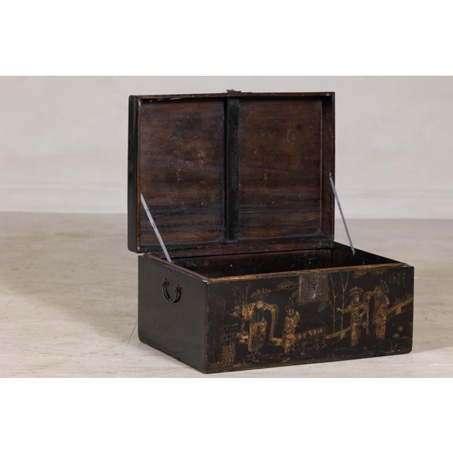 Brown Early 20th Century Hand-Painted Black and Gold Lacquer Trunk with Court Scene, Late Qing Dynasty For Sale - Image 8 of 12