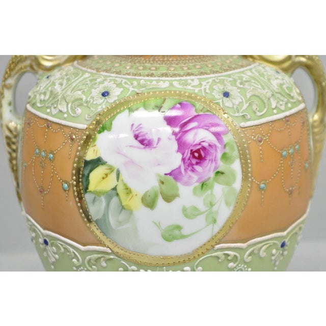 Antique Nippon Hand Painted Porcelain Green Moriage Twin Handle Portrait Vase For Sale - Image 13 of 17