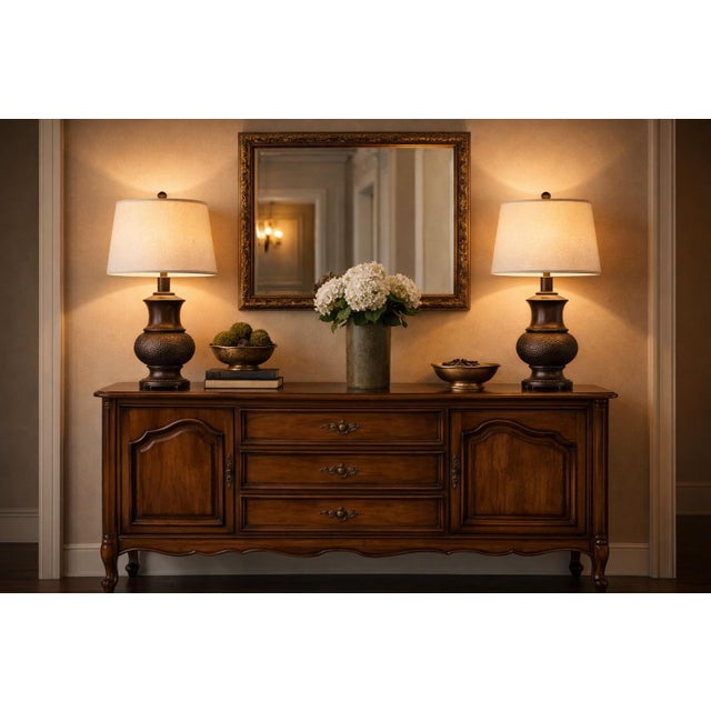 A striking pair of transitional table lamps featuring a rich bronzed finish and classic urn silhouettes. Designed with...