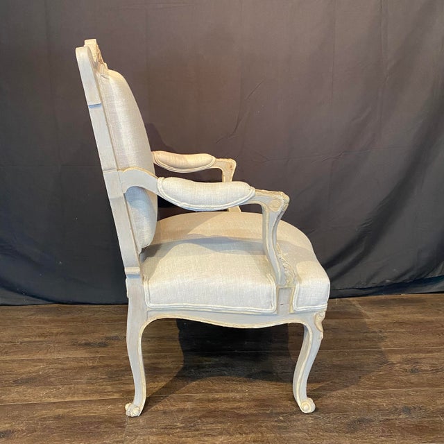 Linen 19th Century Updated Painted Louis XV Armchairs or Fauteuils -a Pair For Sale - Image 8 of 13