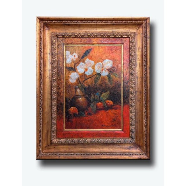 Oil On Canvas Still Life Painting with a Bronze Vase Fruits and Flowers with a wide Baroque frame. From Kanayo Ede Studio...