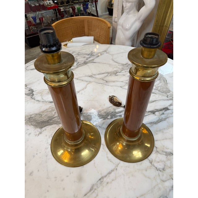 Paint 1970s Mid-Century Modern Brass and Brown Lacquer Table Lamps - a Pair For Sale - Image 7 of 9