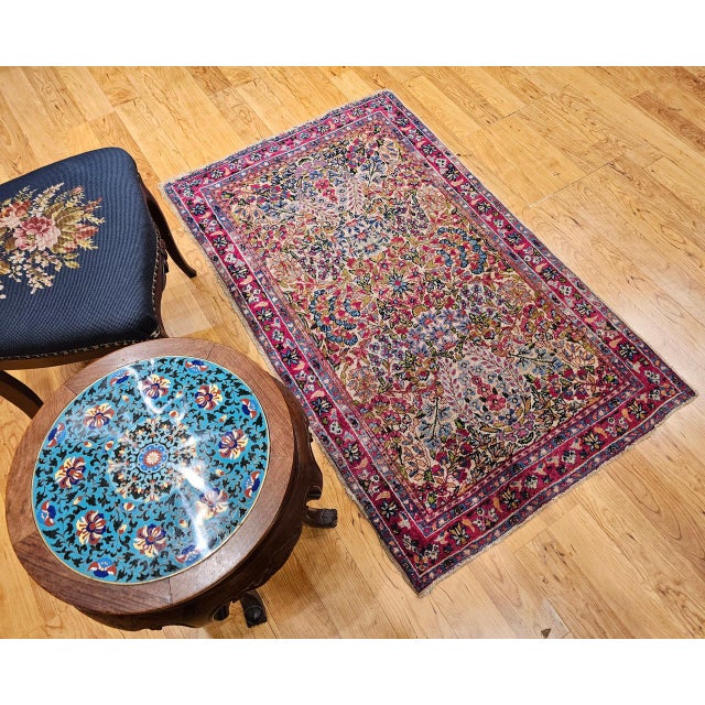 19th Century Persian Kerman Lavar Rug, Hand-Knotted Wool, All-over Floral Pattern, Ivory & Green, 3x5 For Sale - Image 4 of 13