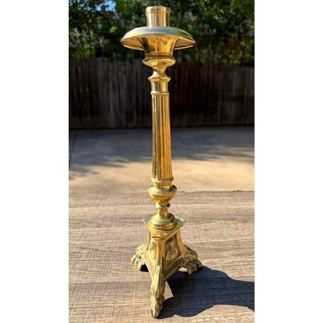 Traditional Antique Church Altar Brass Mary Joseph Jesus 12" Fluted Stem Tripod Candlestick For Sale - Image 3 of 10
