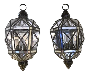 Tin Glass and Mirrored Faceted Lantern Sconces -A Pair