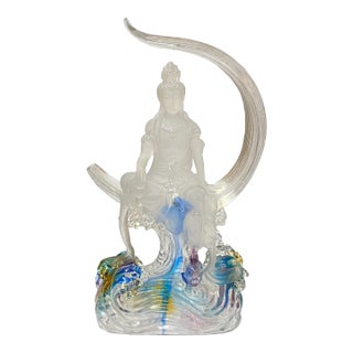Crystal Glass Liuli Pate-De-Verre Moon Face Kwan Yin Bodhisattva Statue For Sale