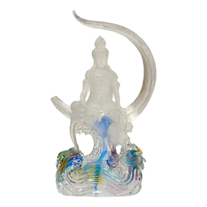Crystal Glass Liuli Pate-De-Verre Moon Face Kwan Yin Bodhisattva Statue