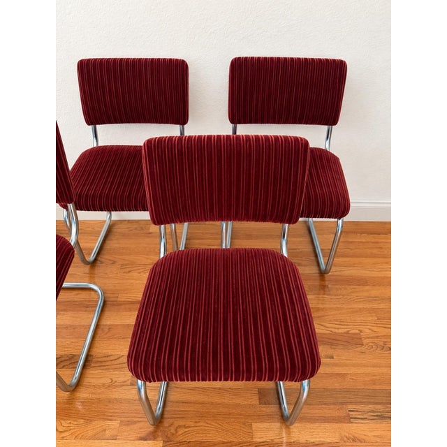 Bauhaus Vintage Burgundy Ribbed Velvet Chrome Cantilever Dining Chairs, Set of 4 For Sale - Image 3 of 9