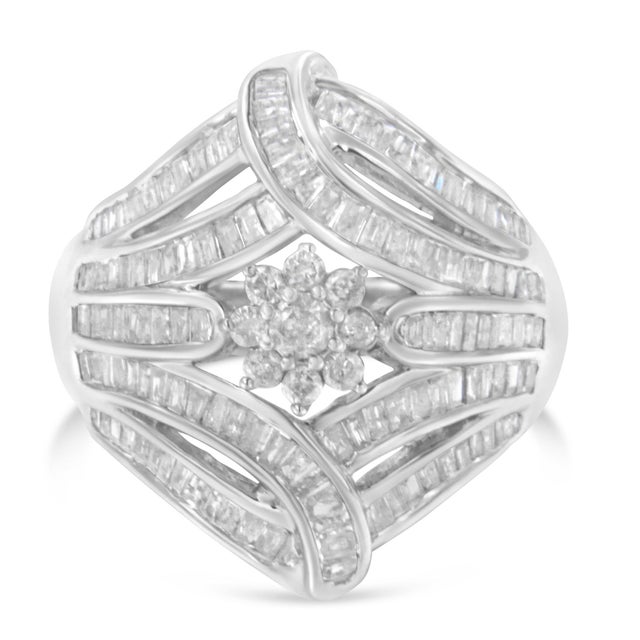 .925 Sterling Silver 1-1/8 Cttw Round & Baguette Diamond 'Flower & Fern' Cluster Cocktail Fashion Ring (I-J Color, I2-I3 Clarity) - Size 6 For Sale - Image 4 of 7