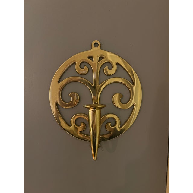 Pair of Vintage Polished Brass Round Wall Sconce candlestick holders made by Virginia Metal Crafters in their “Tree of...
