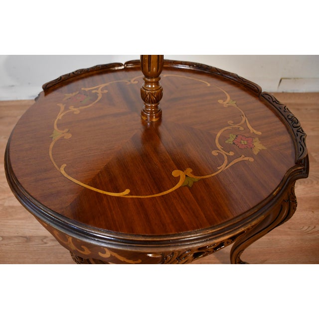 1920 Antique French Louis XV Walnut Inlaid 2 Tier Side End Table / Serving Table For Sale - Image 4 of 12