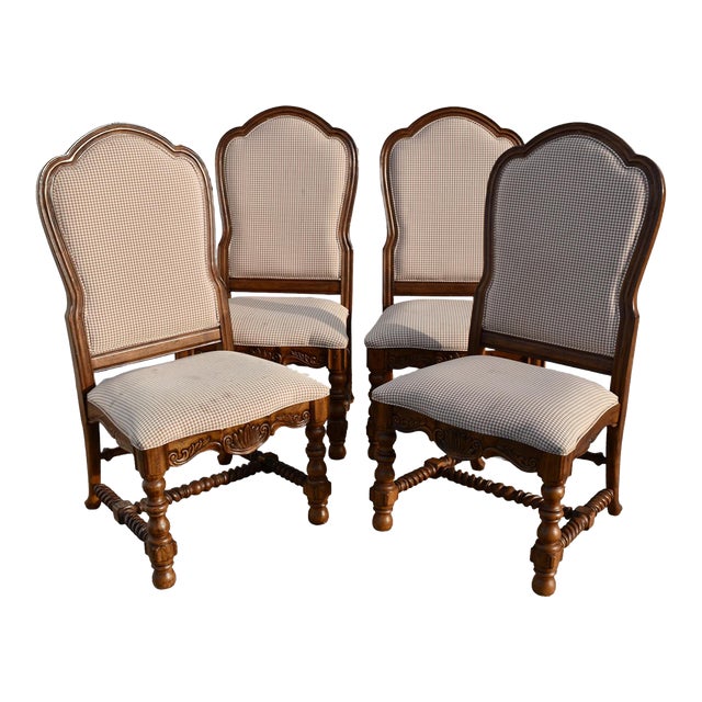 Vintage Bernhardt Carved Set of Four High Back Country French Dining Chairs For Sale