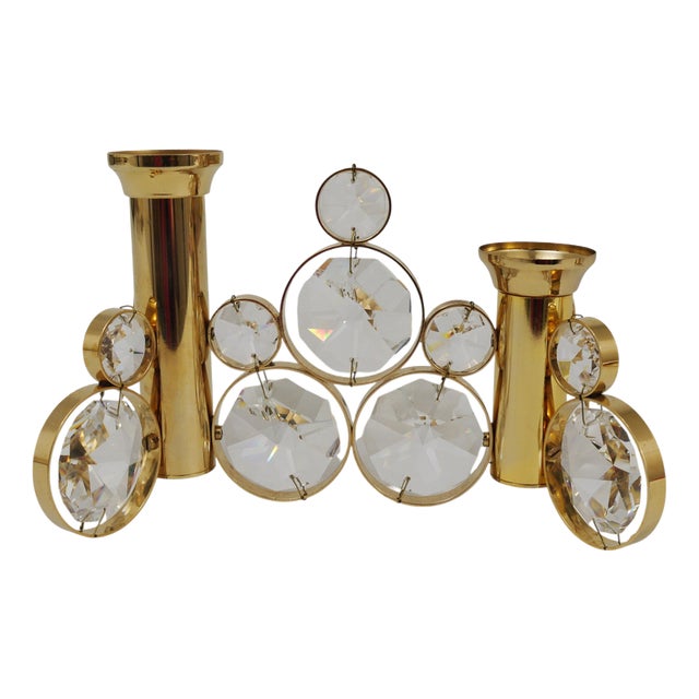 Brass and Crystal Candleholder by Palwa Gaetano, 1970s For Sale