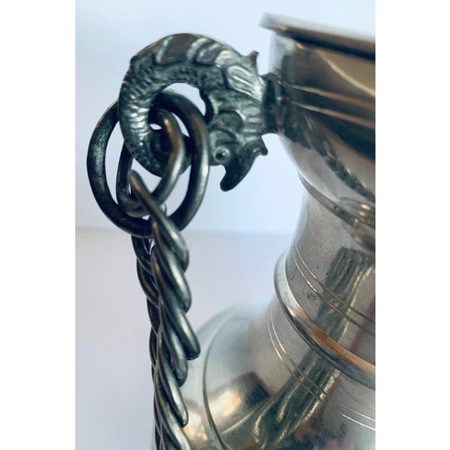 English Vintage Swiss Guggisberg Lugano Acorn Pewter Pitcher/Jug/Tankard With Handmade Chain Handle on Fish Loops For Sale - Image 3 of 12