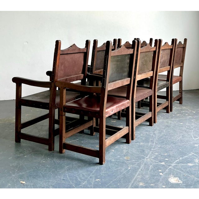 Vintage Spanish Leather and Wood Armchairs - Set of 6 For Sale - Image 4 of 14