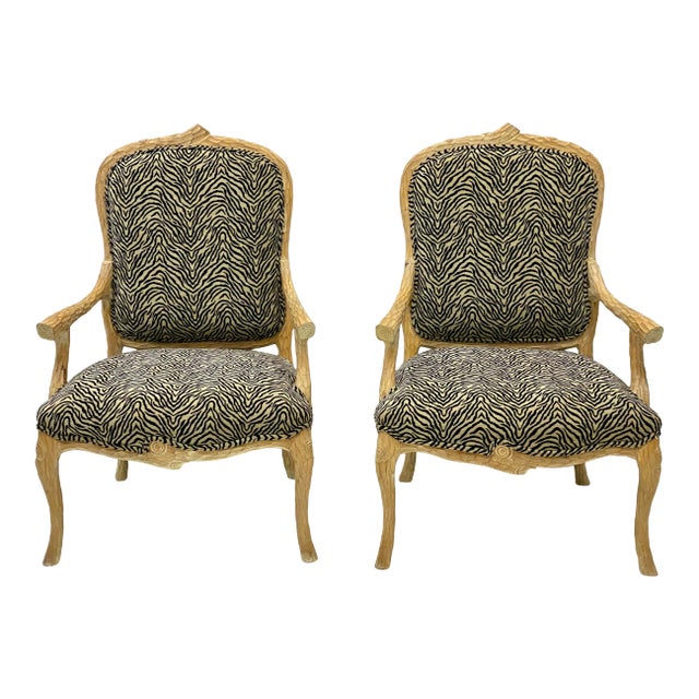 1970s Italian Carved Faux Bois Bergere Chairs - a Pair For Sale