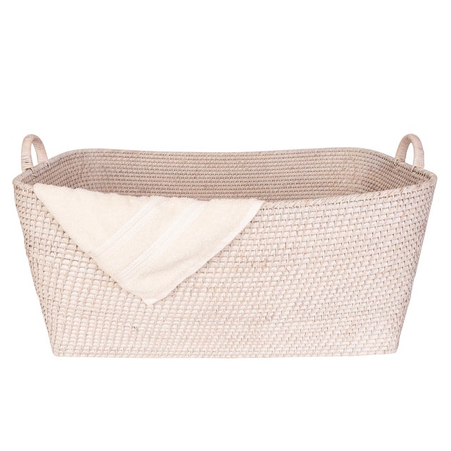 Boho Chic Artifacts Saboga Home Everything Basket with Hoop Handles in White Wash - 31" For Sale - Image 3 of 9